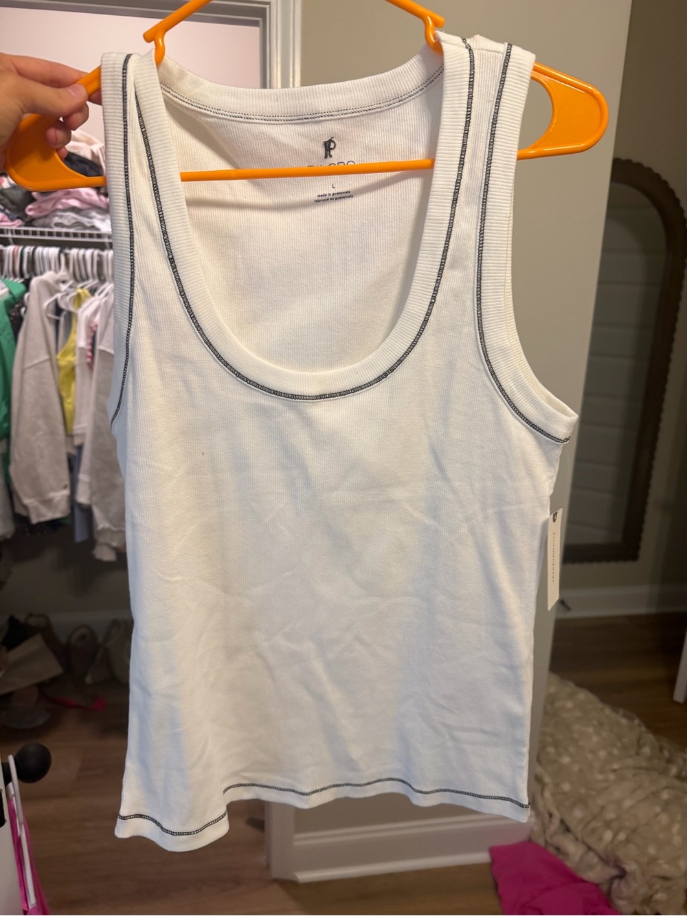 Anthropologie White Ribbed Tank Top with Contrast Stitching